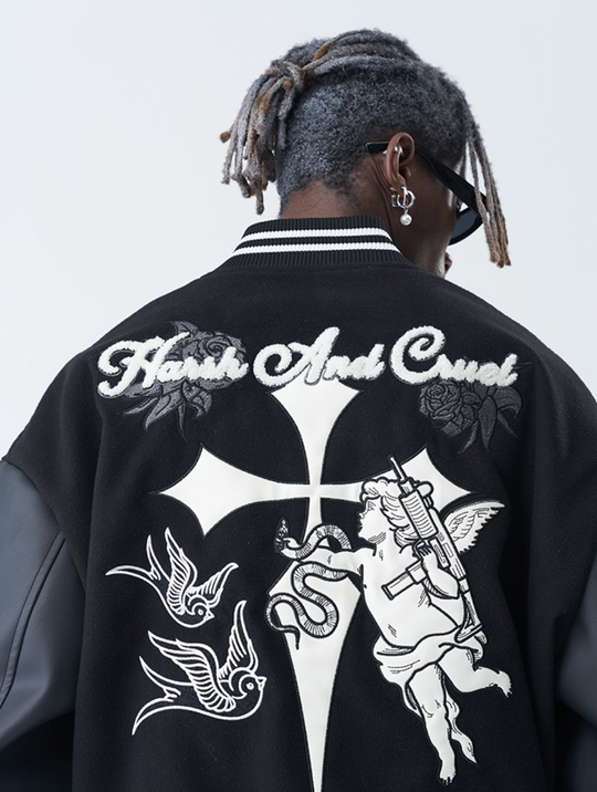 Harsh and Cruel Cross Angel Embroidered Varsity Jacket | Face 3 Face