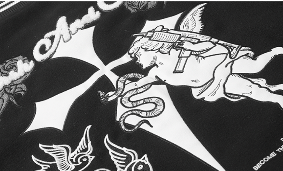 Harsh and Cruel Cross Angel Embroidered Varsity Jacket | Face 3 Face