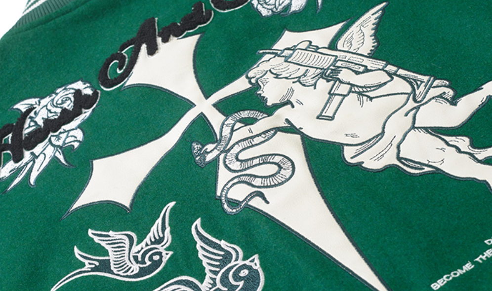 Harsh and Cruel Cross Angel Embroidered Varsity Jacket