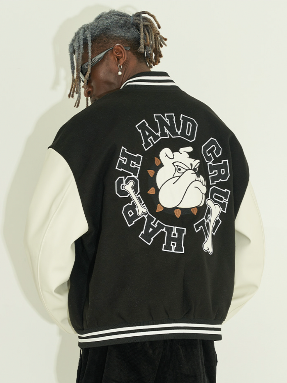 Harsh and Cruel Circular Ring LOGO Bulldog Varsity Jacket | Face 3 Face