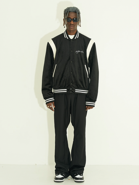 Harsh and Cruel Handwritten LOGO Embroidered Velvet Varsity Jacket | Face 3 Face