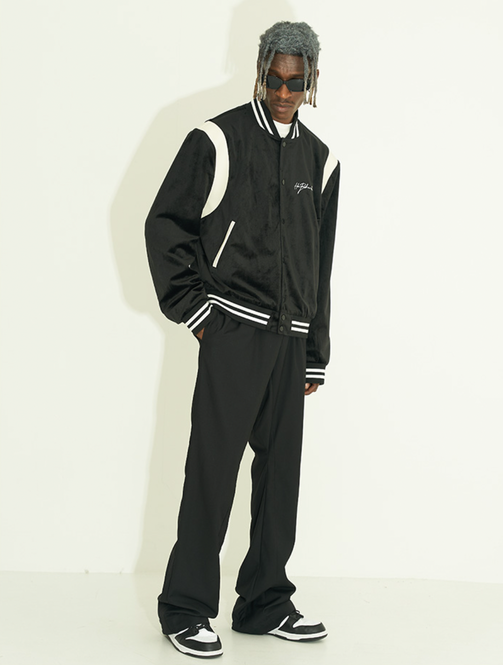 Harsh and Cruel Handwritten LOGO Embroidered Velvet Varsity Jacket | Face 3 Face