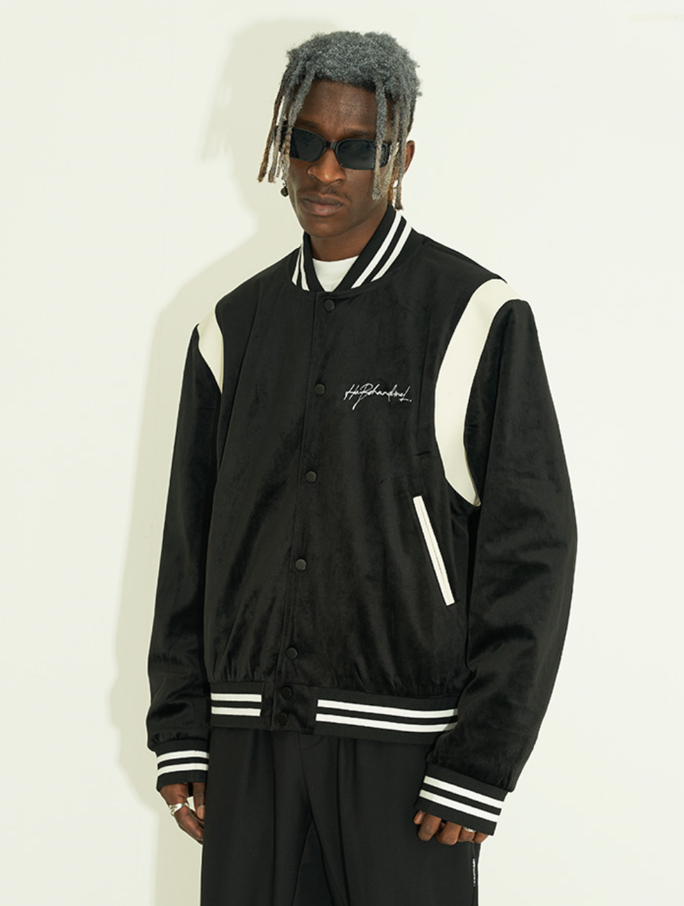 Harsh and Cruel Handwritten LOGO Embroidered Velvet Varsity Jacket | Face 3 Face