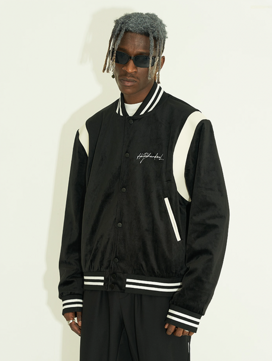 Harsh and Cruel Handwritten LOGO Embroidered Velvet Varsity Jacket | Face 3 Face