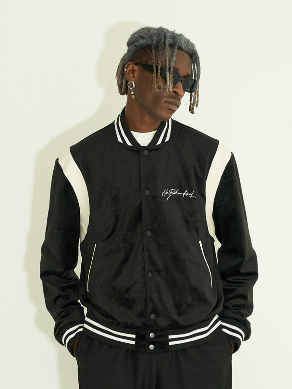 Harsh and Cruel Handwritten LOGO Embroidered Velvet Varsity Jacket | Face 3 Face