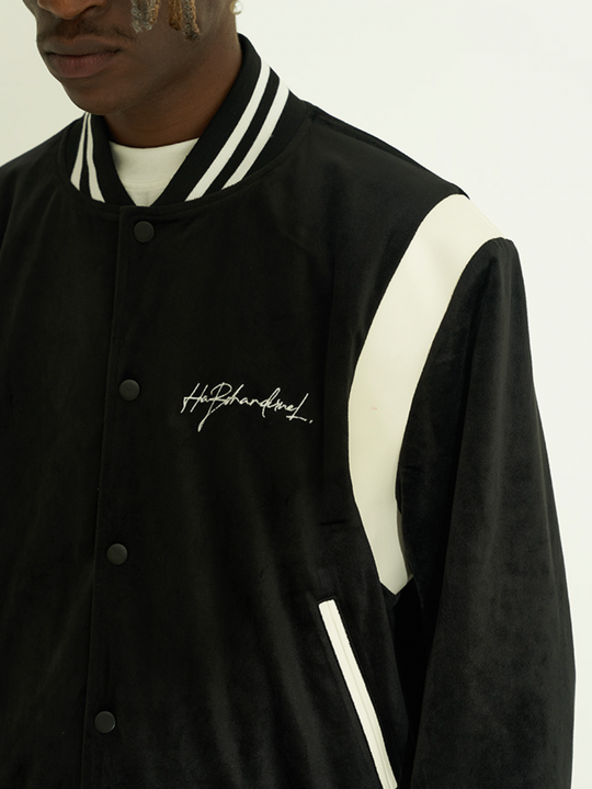 Harsh and Cruel Handwritten LOGO Embroidered Velvet Varsity Jacket | Face 3 Face