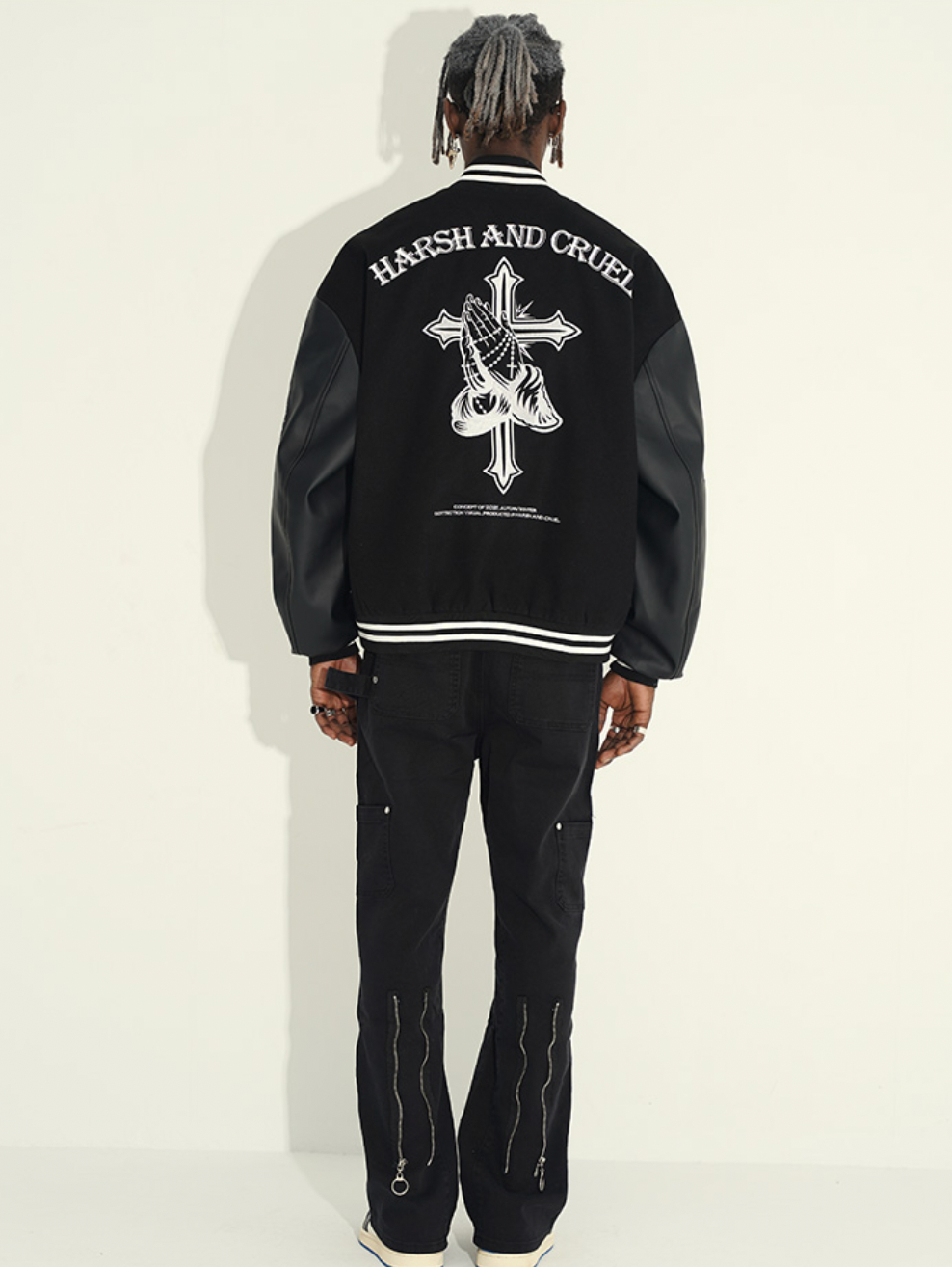 Harsh and Cruel Cross Embroidered Varsity Jacket | Face 3 Face
