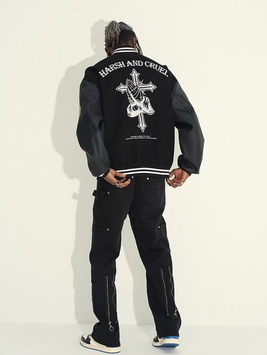 Harsh and Cruel Cross Embroidered Varsity Jacket | Face 3 Face