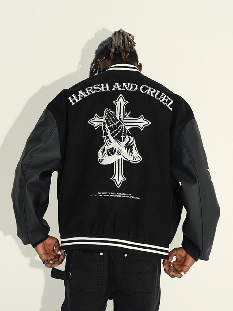 Harsh and Cruel Cross Embroidered Varsity Jacket | Face 3 Face