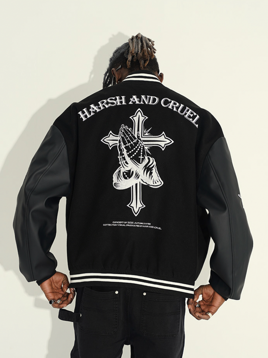 Harsh and Cruel Cross Embroidered Varsity Jacket | Face 3 Face
