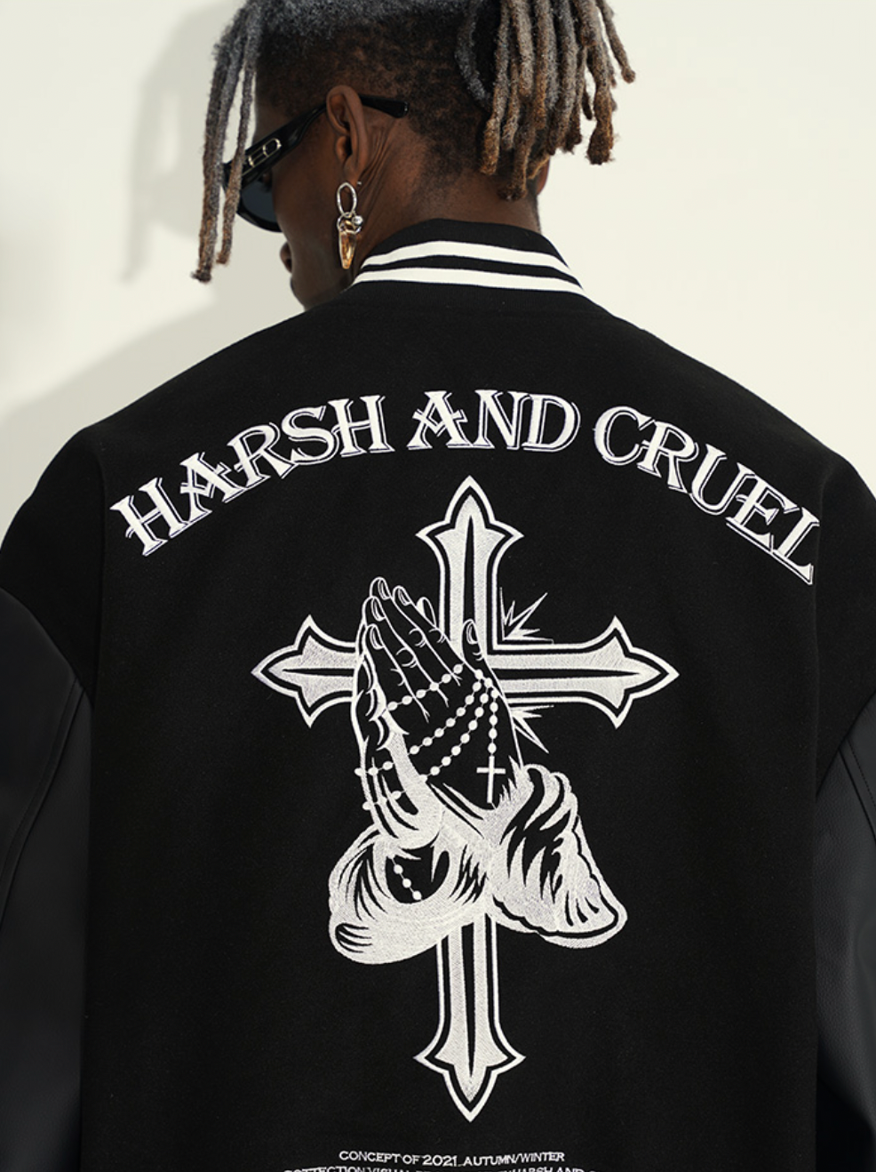Harsh and Cruel Cross Embroidered Varsity Jacket | Face 3 Face