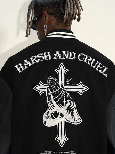 Harsh and Cruel Cross Embroidered Varsity Jacket