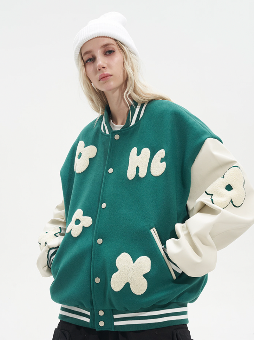 Harsh and Cruel Embroidered Small Flowers Varsity Jacket | Face 3 Face