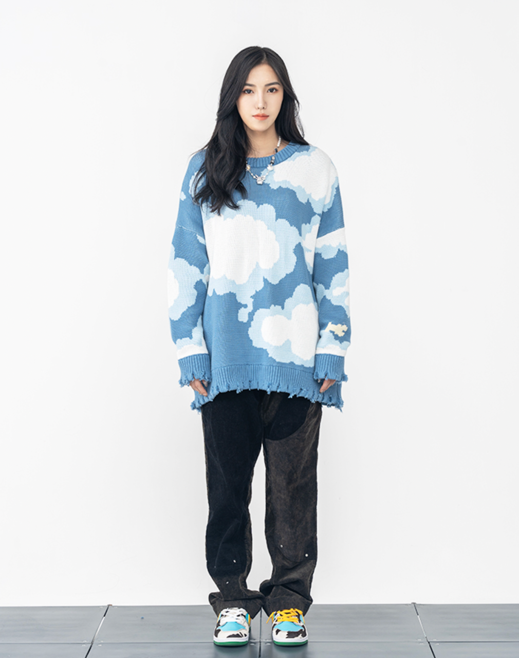 Harsh and Cruel Blue Sky Cloud Ripped Knit Sweater | Face 3 Face