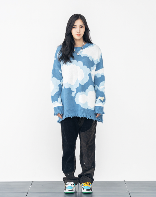 Harsh and Cruel Blue Sky Cloud Ripped Knit Sweater | Face 3 Face