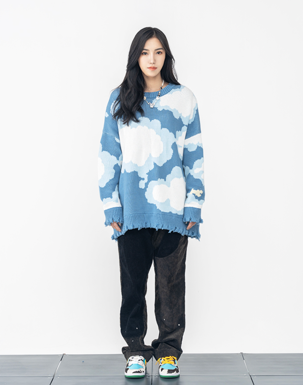 Harsh and Cruel Blue Sky Cloud Ripped Knit Sweater