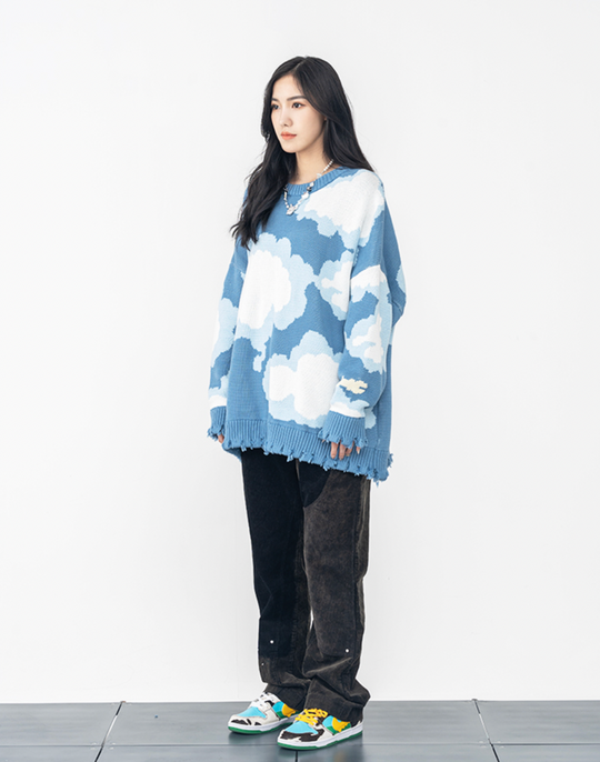 Harsh and Cruel Blue Sky Cloud Ripped Knit Sweater | Face 3 Face