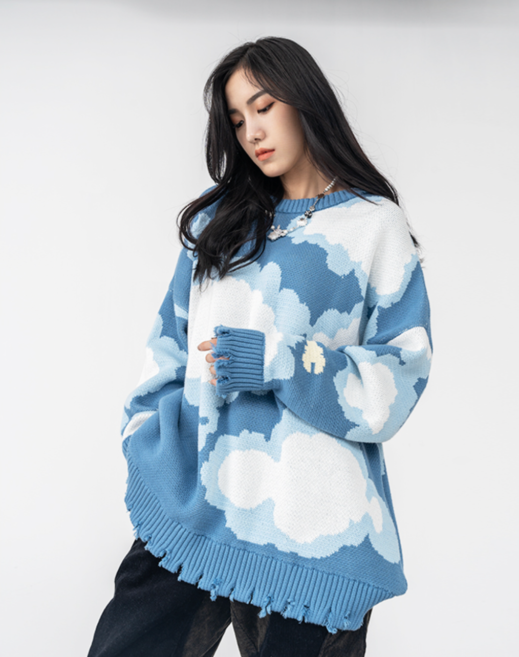 Harsh and Cruel Blue Sky Cloud Ripped Knit Sweater | Face 3 Face