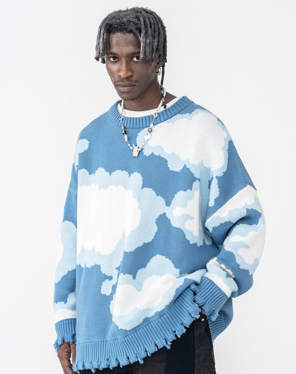 Harsh and Cruel Blue Sky Cloud Ripped Knit Sweater | Face 3 Face