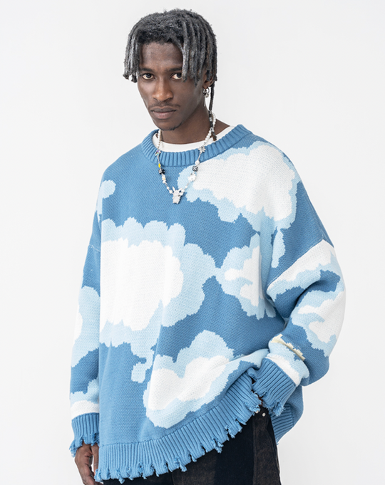 Harsh and Cruel Blue Sky Cloud Ripped Knit Sweater | Face 3 Face