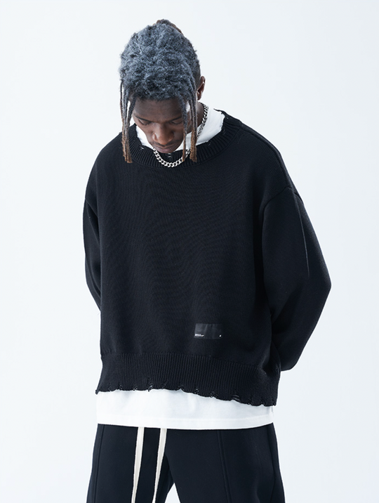 Harsh and Cruel Patch Label Distressed Knit Sweater | Face 3 Face