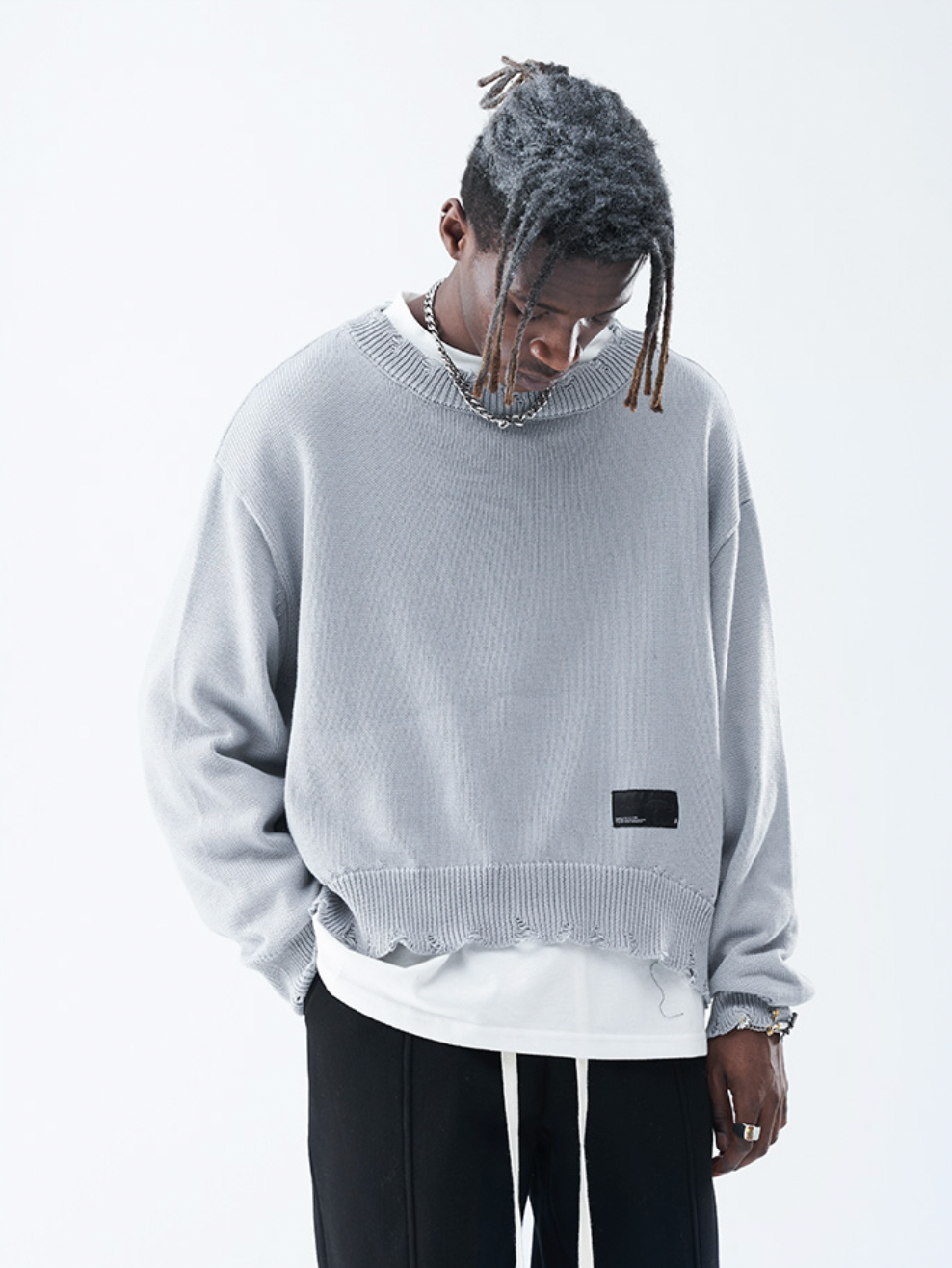 Harsh and Cruel Patch Label Distressed Knit Sweater | Face 3 Face