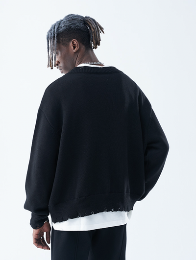 Harsh and Cruel Patch Label Distressed Knit Sweater