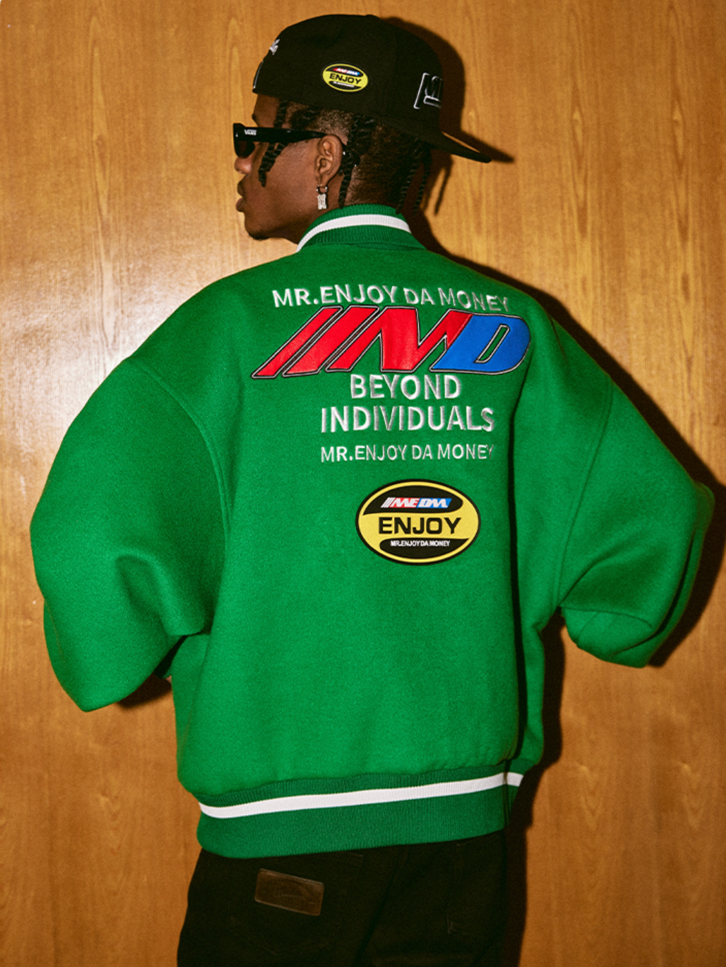 MEDM Spell Leather Logo Embroidered Varsity Jacket | Face 3 Face