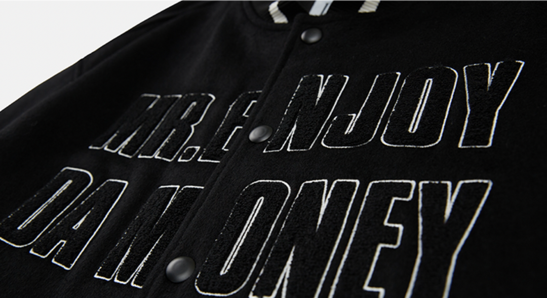 MEDM Spell Leather Logo Embroidered Varsity Jacket | Face 3 Face