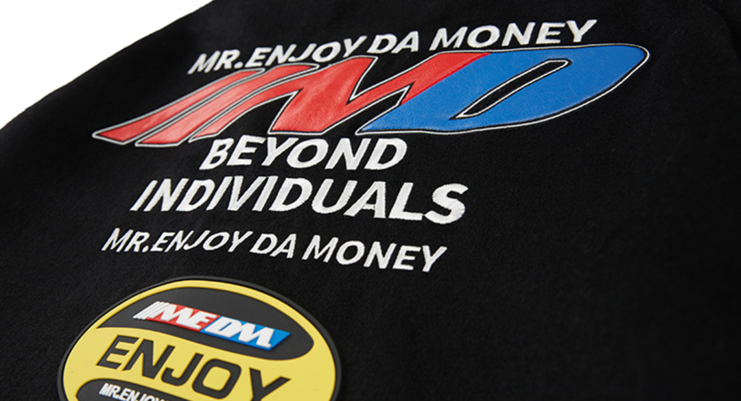 MEDM Spell Leather Logo Embroidered Varsity Jacket | Face 3 Face