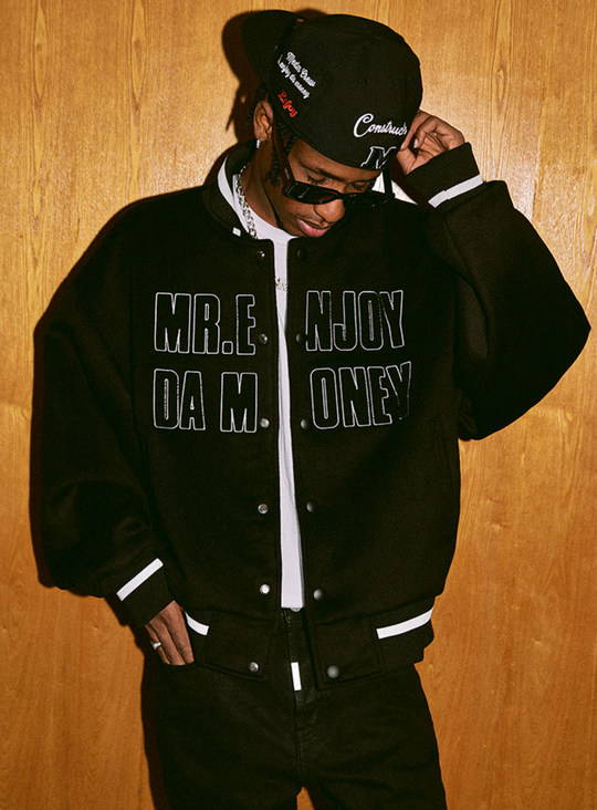 MEDM Spell Leather Logo Embroidered Varsity Jacket | Face 3 Face