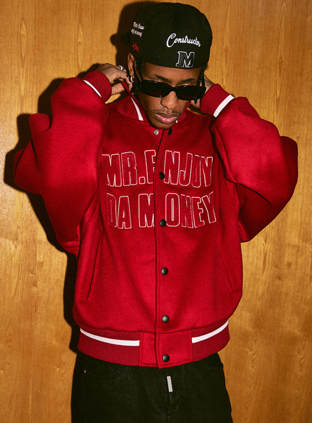 MEDM Spell Leather Logo Embroidered Varsity Jacket | Face 3 Face