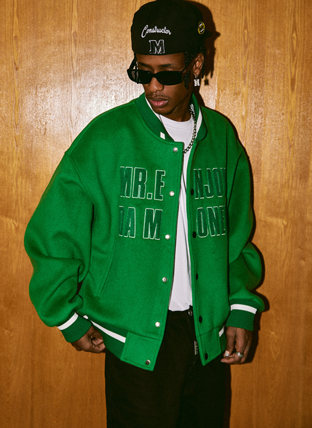 MEDM Spell Leather Logo Embroidered Varsity Jacket | Face 3 Face