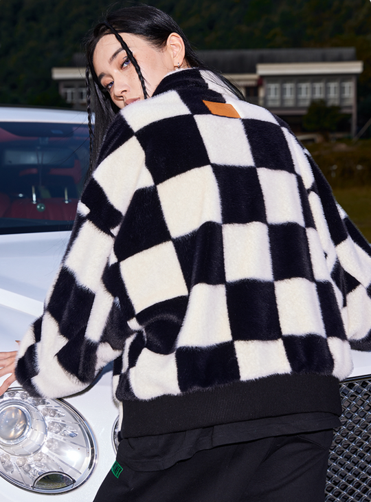 MEDM Fur Checkerboard Sherpa Fleece Jacket | Face 3 Face