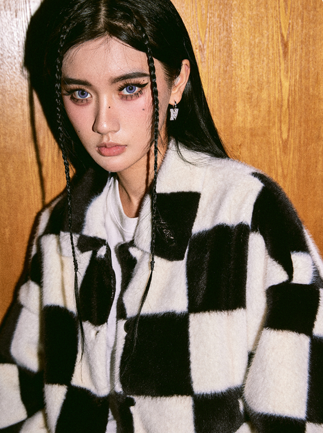 MEDM Fur Checkerboard Sherpa Fleece Jacket | Face 3 Face