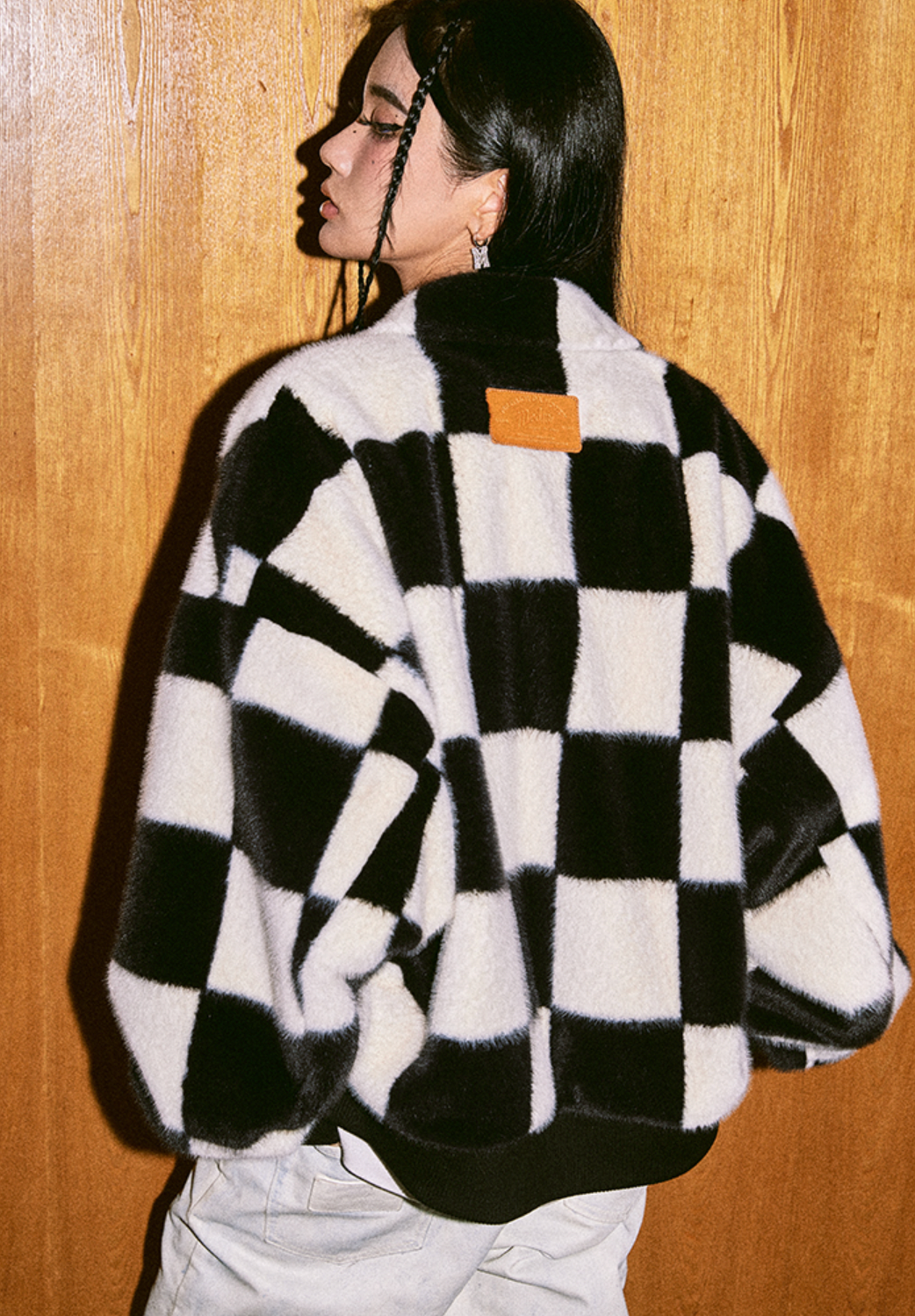 MEDM Fur Checkerboard Sherpa Fleece Jacket | Face 3 Face