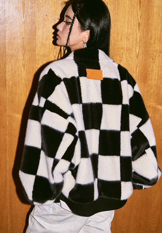 MEDM Fur Checkerboard Sherpa Fleece Jacket | Face 3 Face