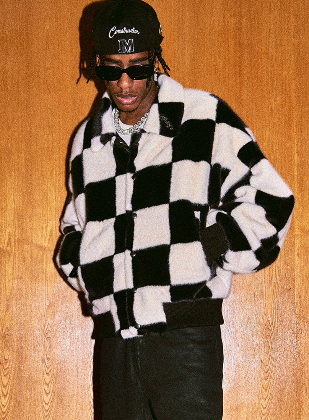 MEDM Fur Checkerboard Sherpa Fleece Jacket | Face 3 Face