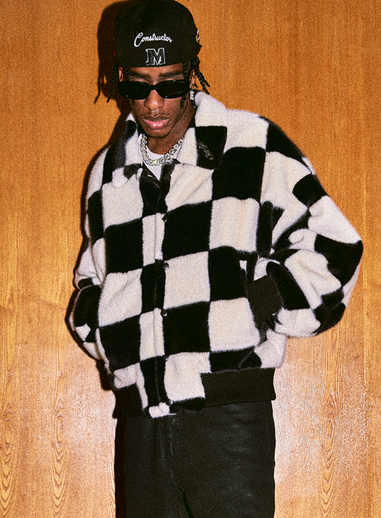 MEDM Fur Checkerboard Sherpa Fleece Jacket | Face 3 Face