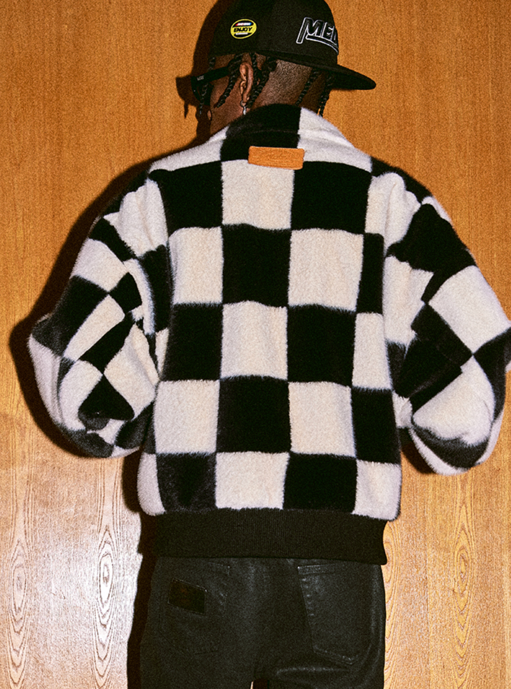 MEDM Fur Checkerboard Sherpa Fleece Jacket