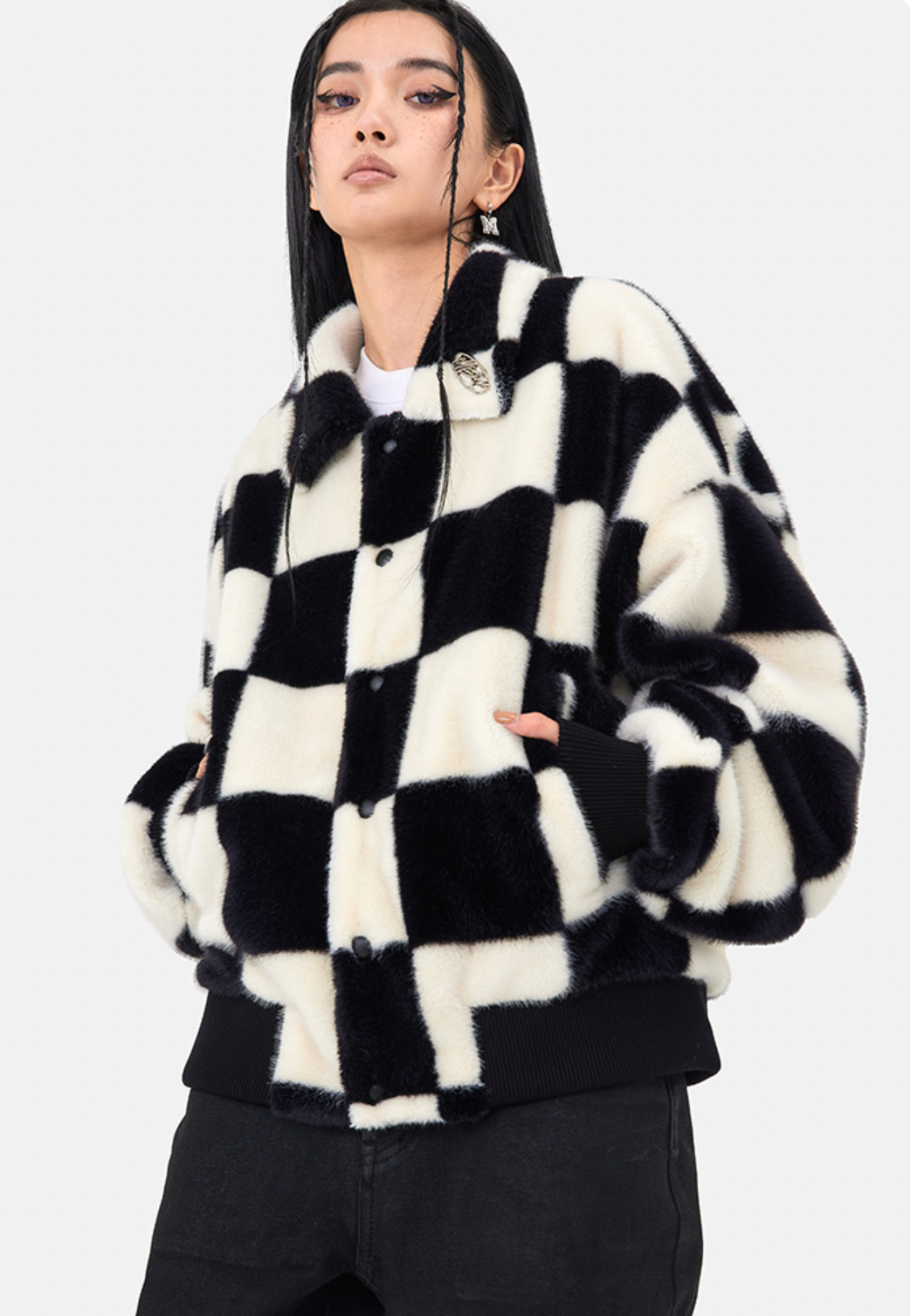 MEDM Fur Checkerboard Sherpa Fleece Jacket | Face 3 Face