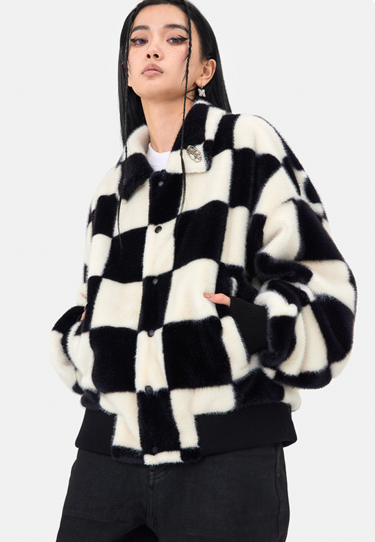 MEDM Fur Checkerboard Sherpa Fleece Jacket | Face 3 Face
