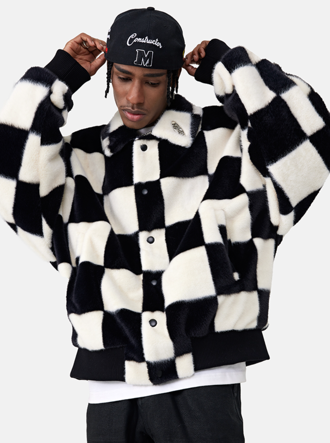 MEDM Fur Checkerboard Sherpa Fleece Jacket | Face 3 Face