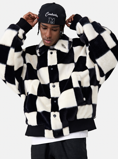 MEDM Fur Checkerboard Sherpa Fleece Jacket