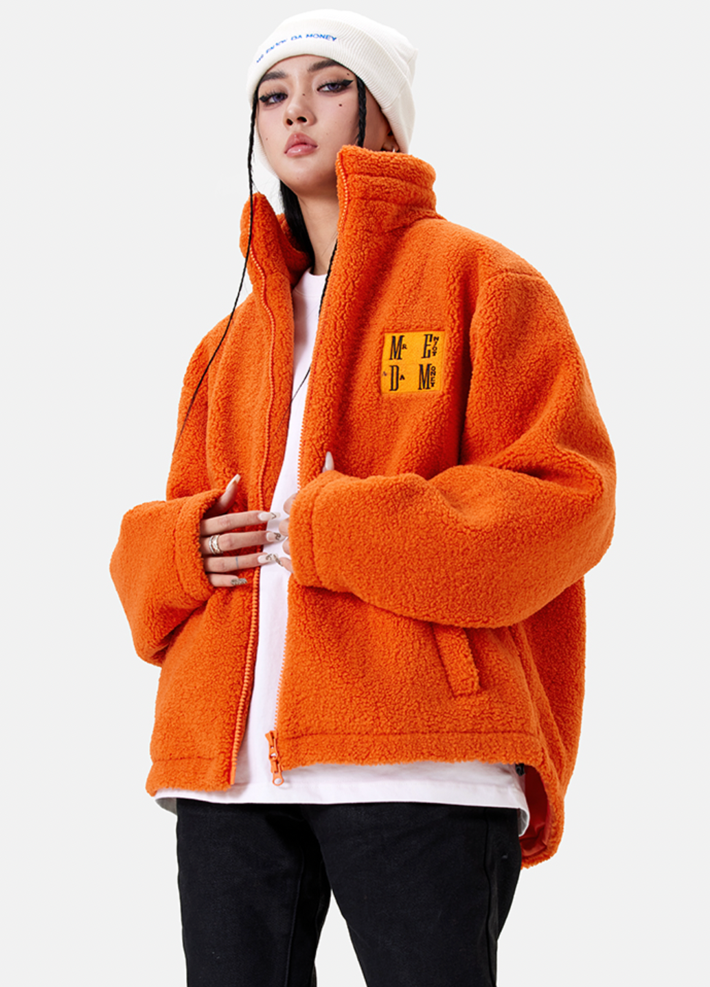 MEDM Logo Embroidered Sherpa Fleece Boa Jacket | Face 3 Face