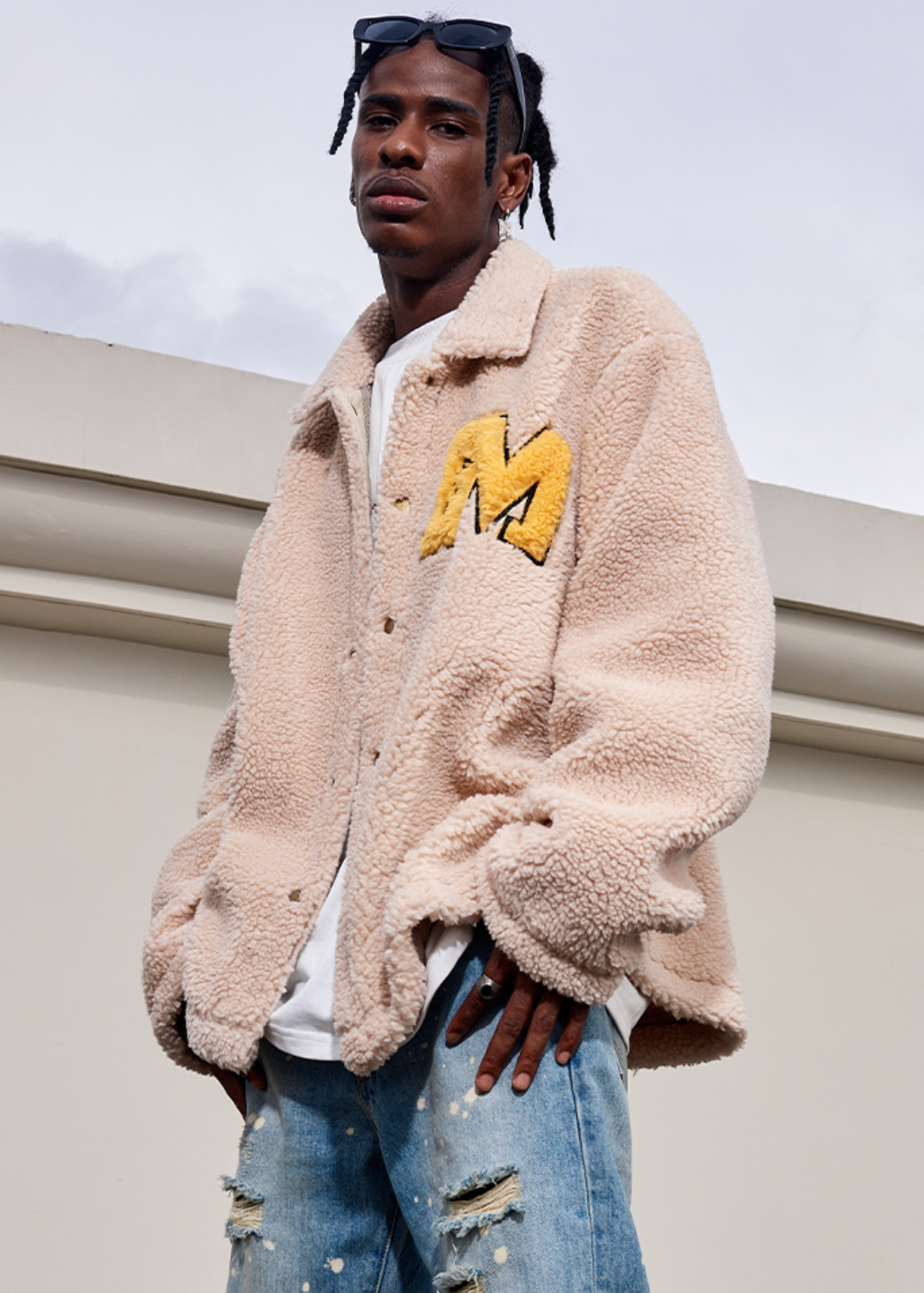 MEDM Logo Letters Embroidered Sherpa Fleece Boa Jacket | Face 3 Face