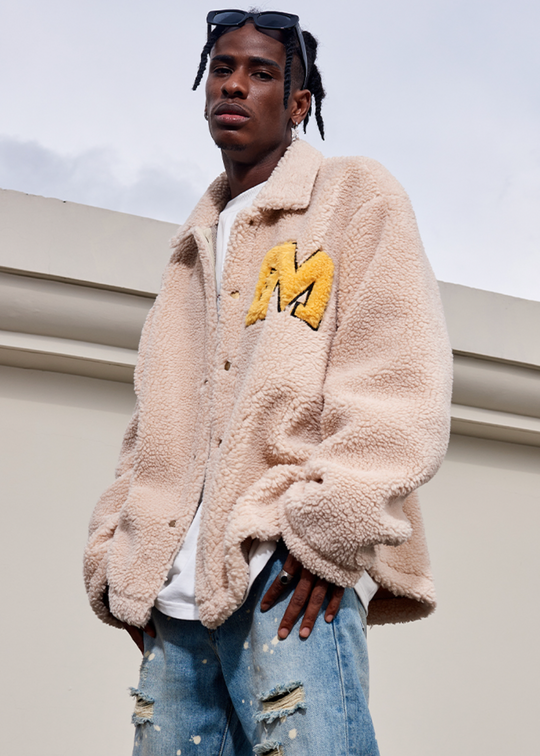 MEDM Logo Letters Embroidered Sherpa Fleece Boa Jacket | Face 3 Face