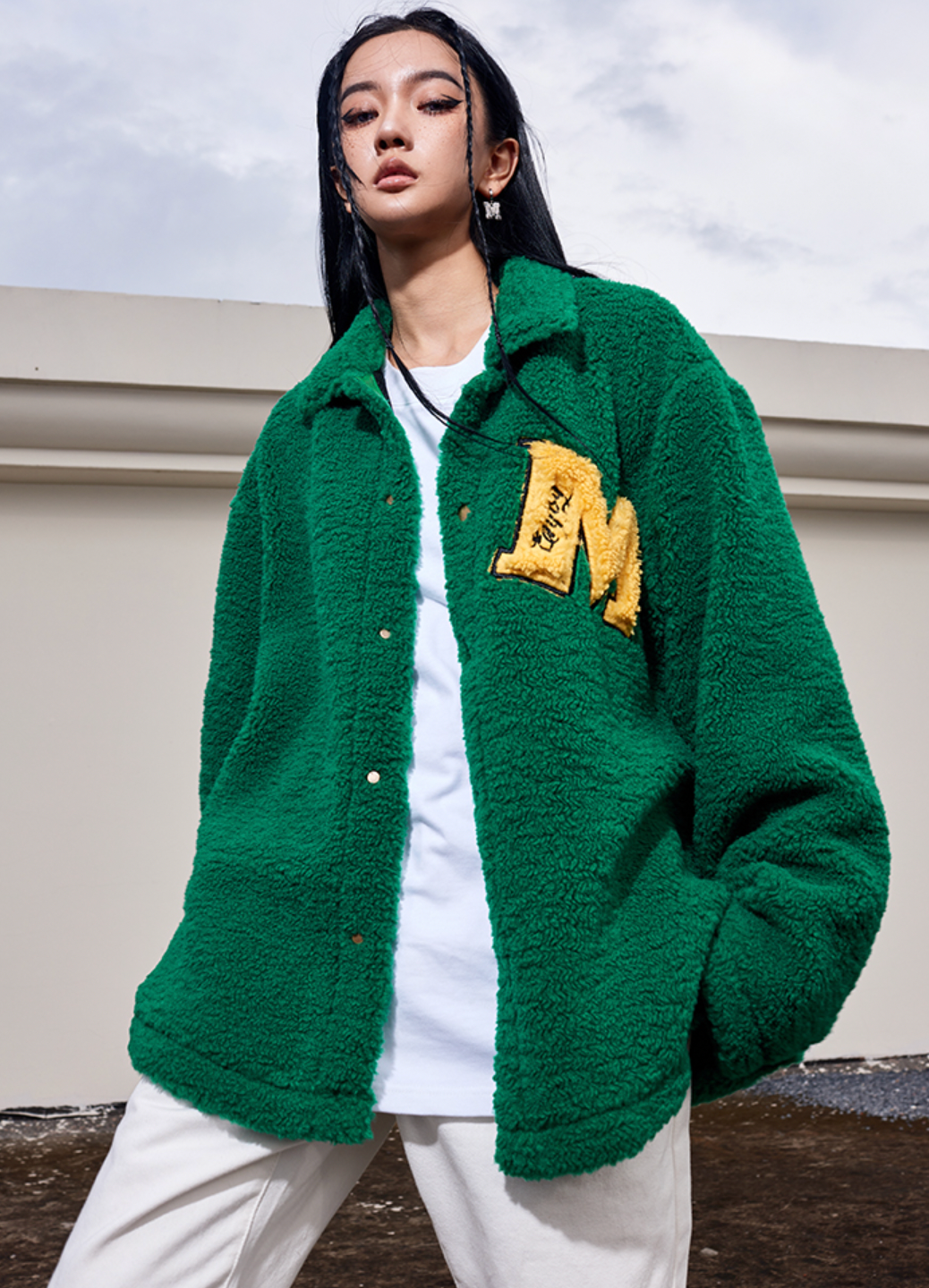 MEDM Logo Letters Embroidered Sherpa Fleece Boa Jacket | Face 3 Face
