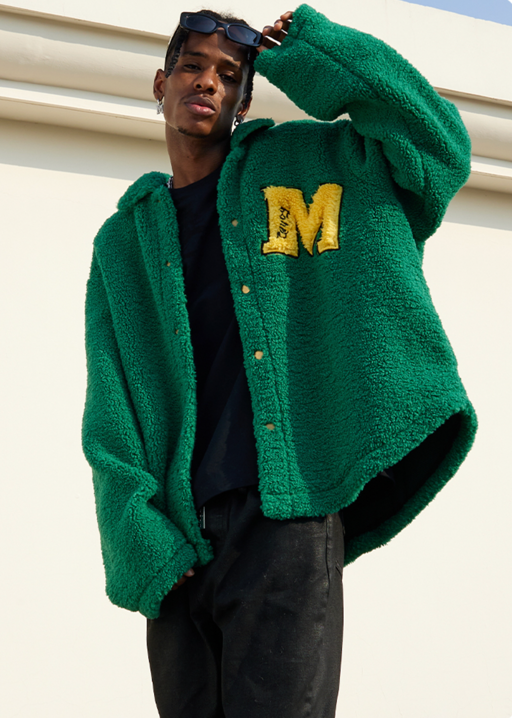 MEDM Logo Letters Embroidered Sherpa Fleece Boa Jacket | Face 3 Face