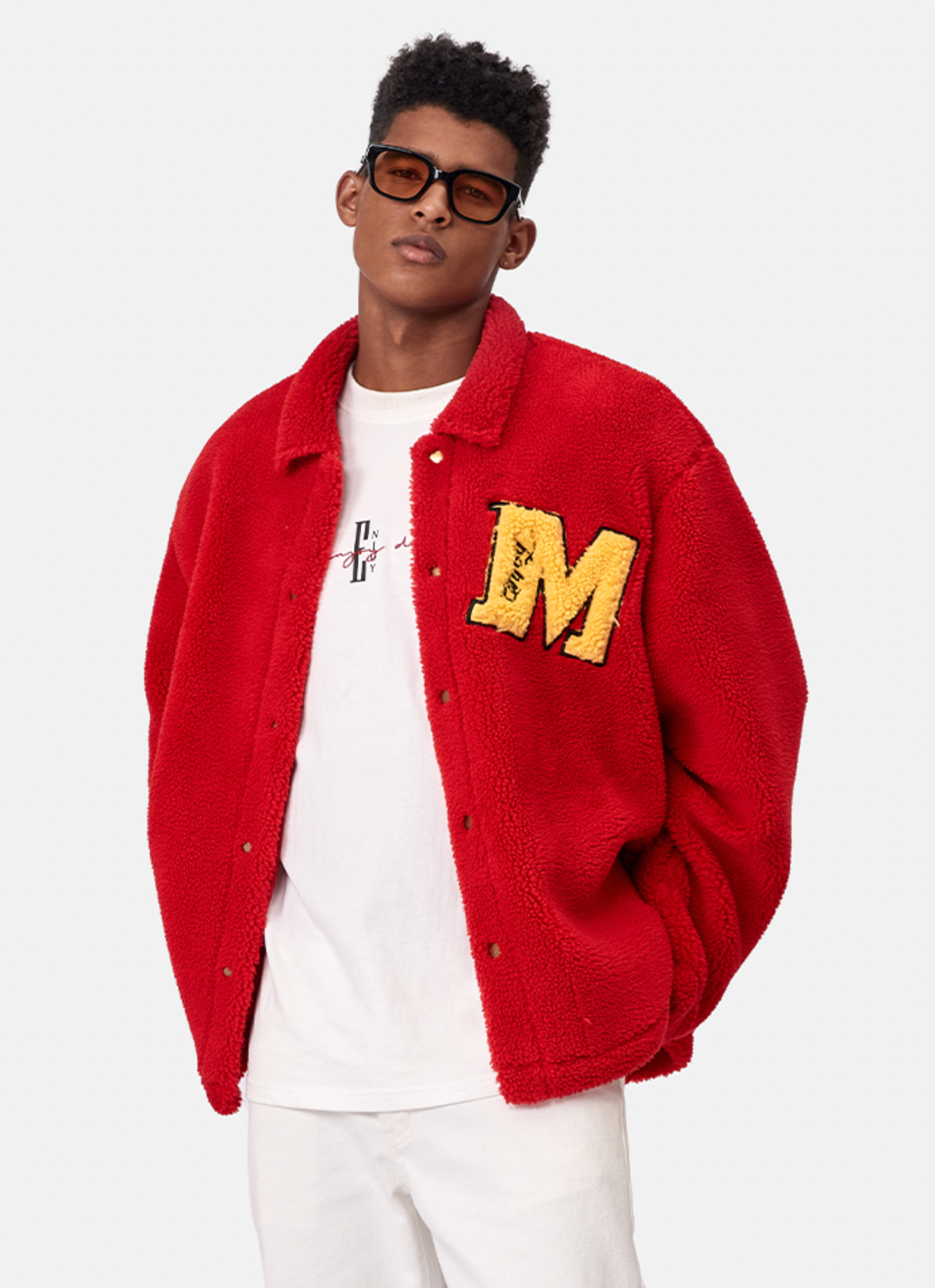 MEDM Logo Letters Embroidered Sherpa Fleece Boa Jacket | Face 3 Face